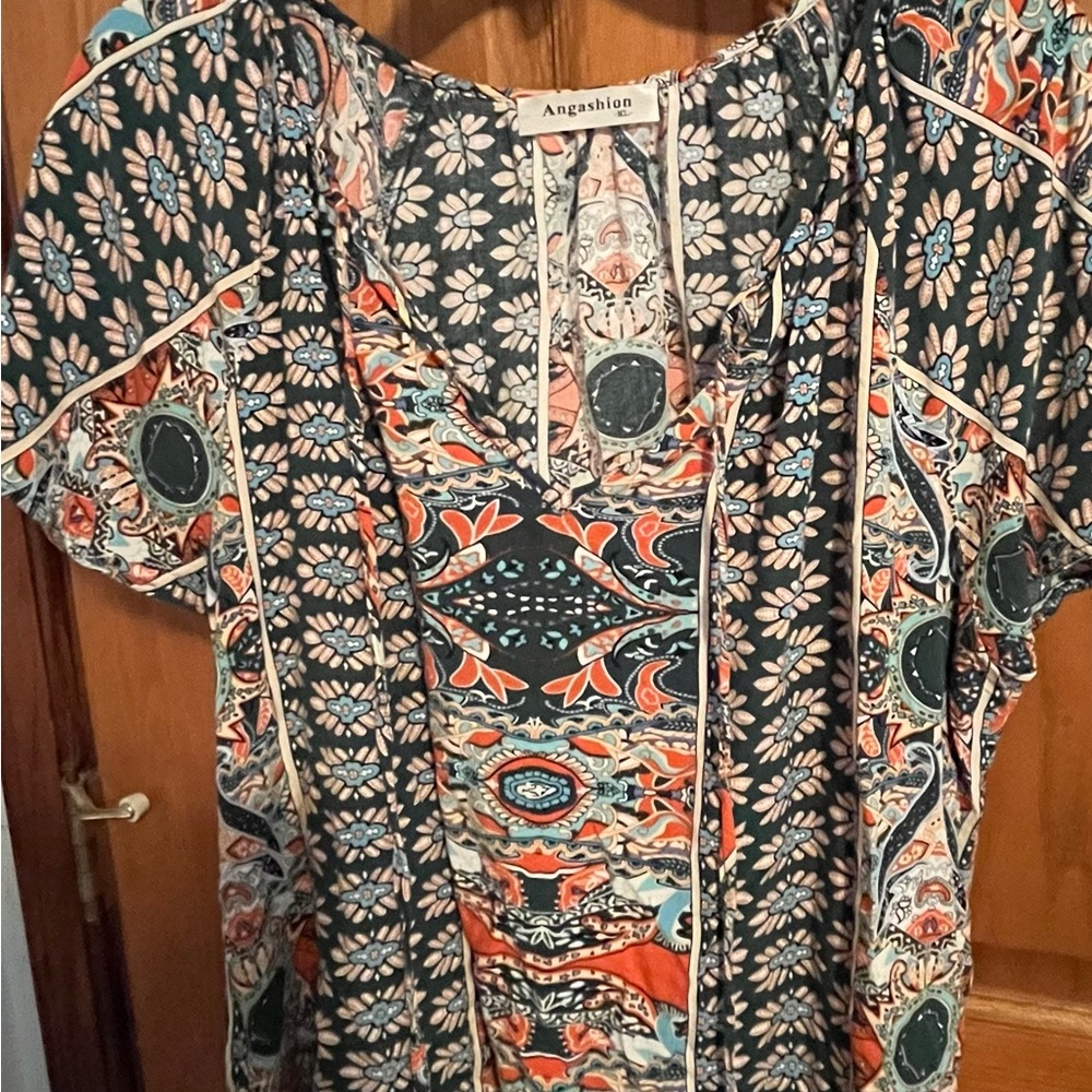 Angashion Floral Paisley Mixed-Print Women’s Top in Navy and Coral